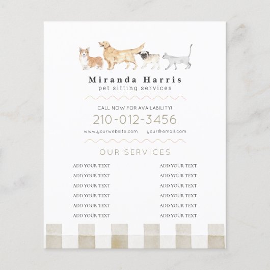 Watercolor Animals Pet Sitter Dog Walker Business チラシ (正面)