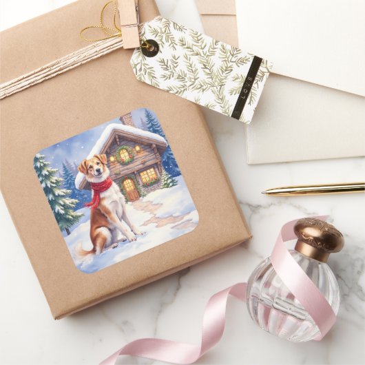 Watercolor Appenzeller Sennenhund Alpine Chalet スクエアシール (ギフト)