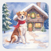 Watercolor Appenzeller Sennenhund Alpine Chalet スクエアシール (正面)