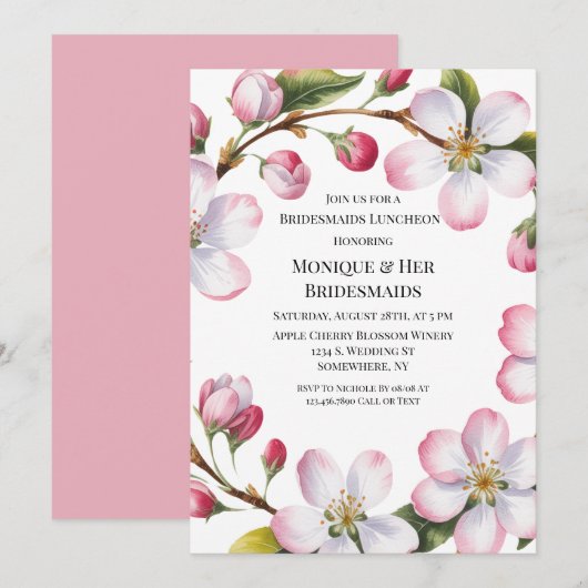 Watercolor Apple Cherry Blossom Bridesmaids Lunch 招待状 (正面/裏面)