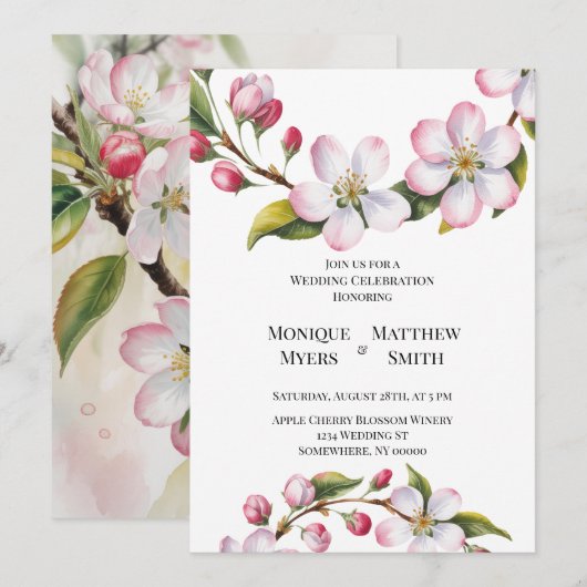 Watercolor Apple Cherry Blossom Wedding 招待状 (正面/裏面)