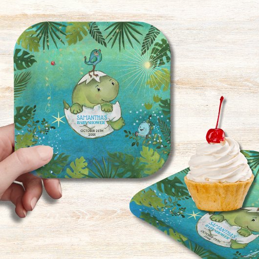 Watercolor Aqua Green Dinosaur Party Plates ペーパープレート