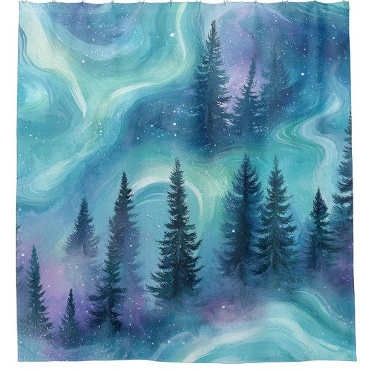 Watercolor Aurora Borealis Forest (1) シャワーカーテン (正面)