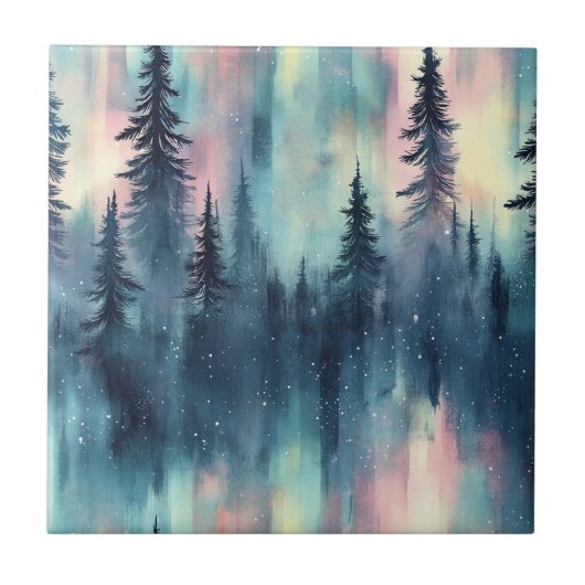 Watercolor Aurora Borealis Forest (2) タイル (正面)