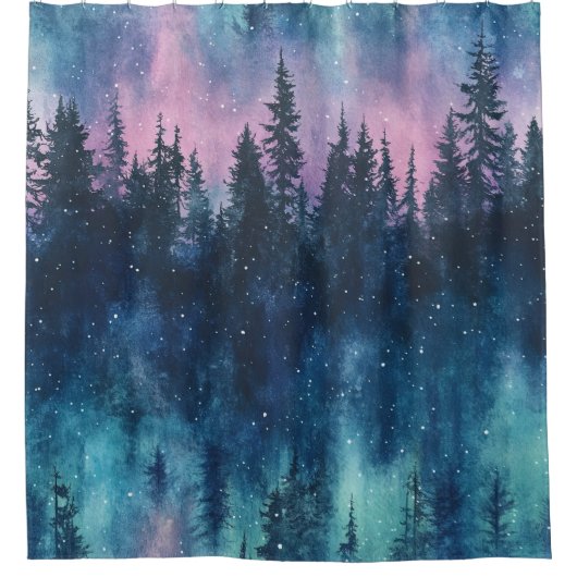 Watercolor Aurora Borealis Forest (3) シャワーカーテン (正面)