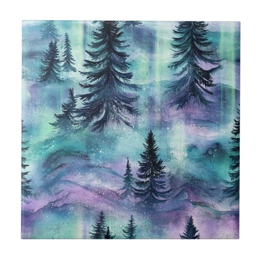 Watercolor Aurora Borealis Forest (4) タイル (正面)
