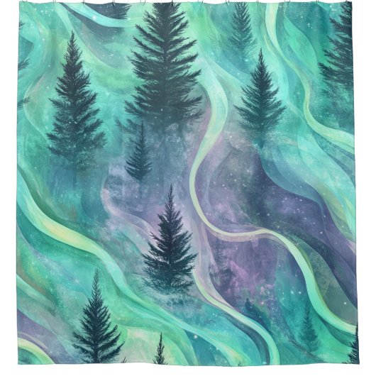Watercolor Aurora Borealis Forest (5) シャワーカーテン (正面)