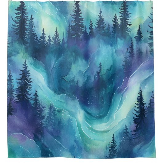 Watercolor Aurora Borealis Forest (7) シャワーカーテン (正面)