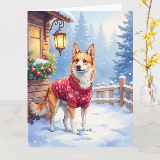 Watercolor Australian Cattle Dog Rustic Garland カード (黄色い花)