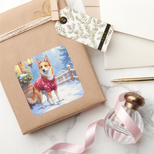 Watercolor Australian Cattle Dog Rustic Garland スクエアシール (ギフト)