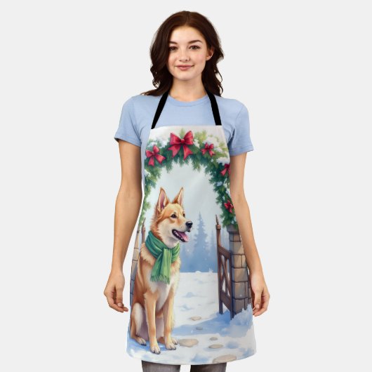 Watercolor Australian Kelpie Countryside Gate エプロン (着用した状態)