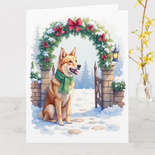 Watercolor Australian Kelpie Countryside Gate カード (黄色い花)