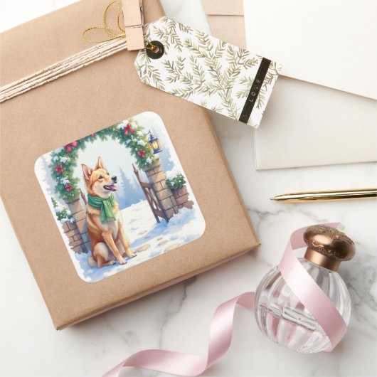 Watercolor Australian Kelpie Countryside Gate スクエアシール (ギフト)