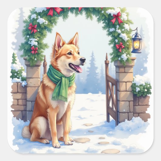 Watercolor Australian Kelpie Countryside Gate スクエアシール (正面)