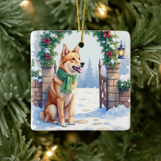 Watercolor Australian Kelpie Countryside Gate セラミックオーナメント (ツリー)