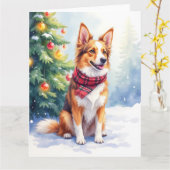 Watercolor Australian Shepherd Glowing Christmas カード (黄色い花)