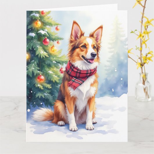 Watercolor Australian Shepherd Glowing Christmas カード (黄色い花)