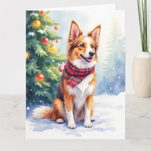 Watercolor Australian Shepherd Glowing Christmas カード (正面)