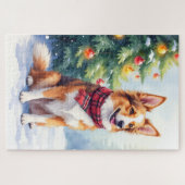 Watercolor Australian Shepherd Glowing Christmas ジグソーパズル (横)