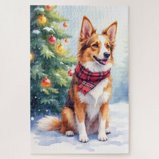 Watercolor Australian Shepherd Glowing Christmas ジグソーパズル (縦)
