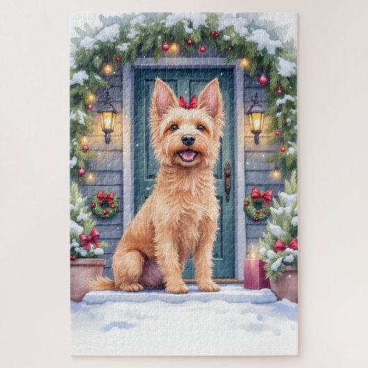 Watercolor Australian Silky Terrier Snowy Doorstep ジグソーパズル (縦)