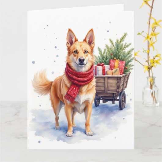 Watercolor Australian Stumpy Tail Cattle Dog カード (黄色い花)