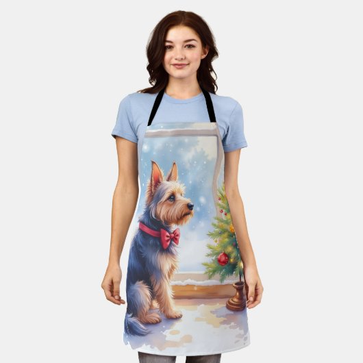 Watercolor Australian Terrier Tabletop Christmas エプロン (着用した状態)