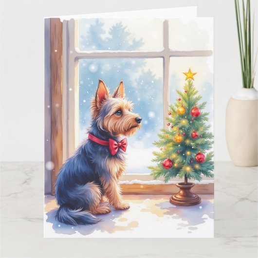 Watercolor Australian Terrier Tabletop Christmas カード (正面)