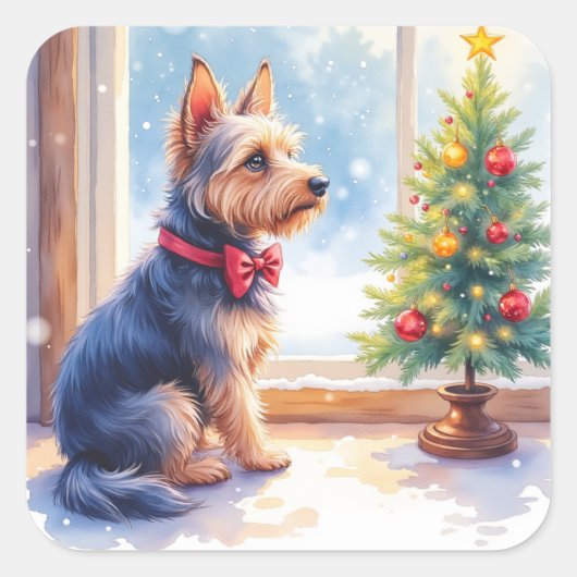 Watercolor Australian Terrier Tabletop Christmas スクエアシール (正面)