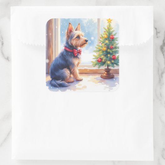 Watercolor Australian Terrier Tabletop Christmas スクエアシール (バッグ)