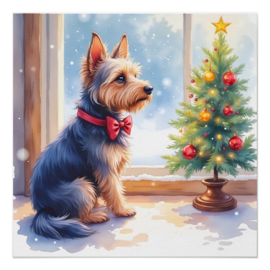 Watercolor Australian Terrier Tabletop Christmas ポスター (正面)