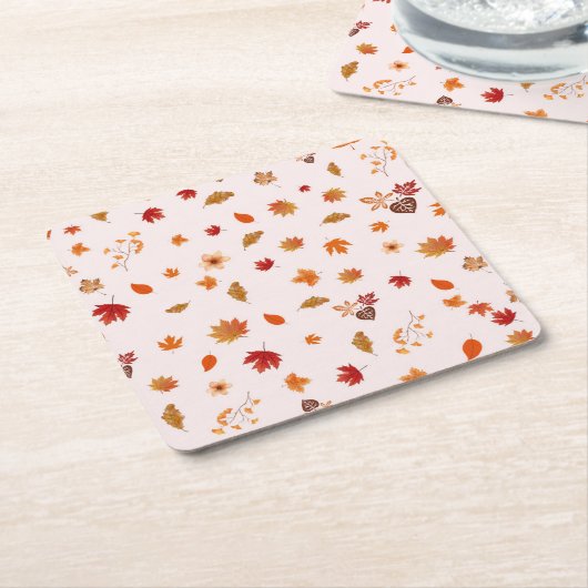 Watercolor Autumn Blooms Fall Botanical Pattern スクエアペーパーコースター (アングル)
