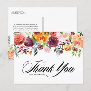 Watercolor Autumn Blooms Fall Wedding Thank You ポストカード