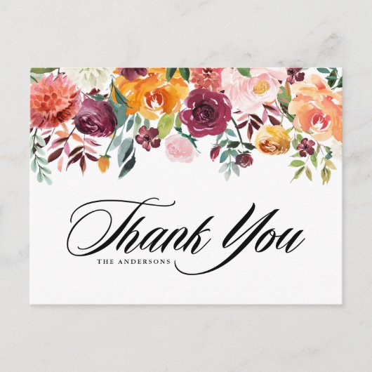 Watercolor Autumn Blooms Fall Wedding Thank You ポストカード (正面)