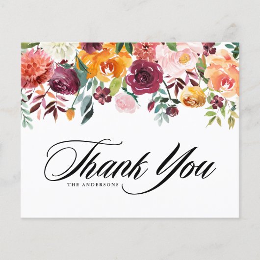 Watercolor Autumn Blooms Wedding Thank You Card (正面)