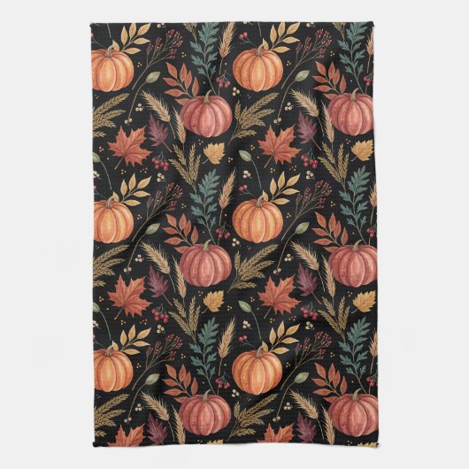 Watercolor Autumn Harvest Pattern キッチンタオル (縦)