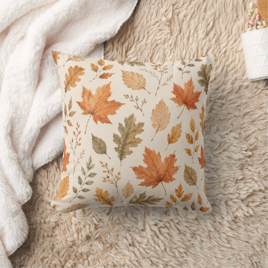 Watercolor Autumn Leaves Pattern Throw Pillow クッション (ブランケット)