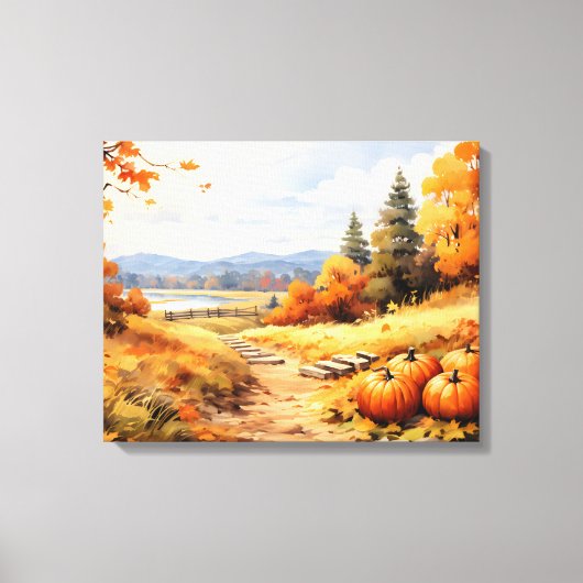 Watercolor Autumn Road Pumpkin Falling Leaves キャンバスプリント (正面)