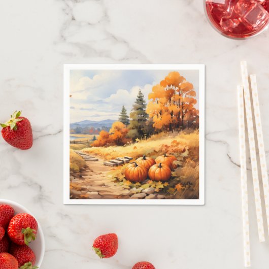 Watercolor Autumn Road Pumpkin Falling Leaves スタンダードカクテルナプキン (インサイチュ)