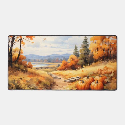 Watercolor Autumn Road Pumpkin Falling Leaves デスクマット (正面)