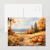Watercolor Autumn Road Pumpkin Falling Leaves 案内ポストカード (正面/裏面)