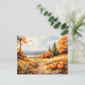 Watercolor Autumn Road Pumpkin Falling Leaves 案内ポストカード (スタンド正面)