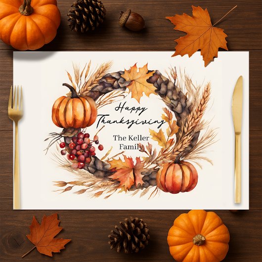 Watercolor Autumn Wreath Thanksgiving Placemat ペーパーパッド