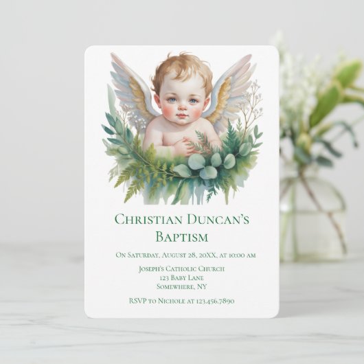 Watercolor Baby Angel Feather Wings Baptism  招待状 (スタンド正面)