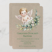 Watercolor Baby Angel Feather Wings Baptism  招待状 (正面/裏面)