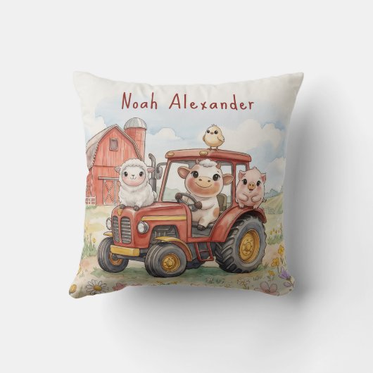 Watercolor Baby Animals Driving Red Tractor Farm クッション (裏面)