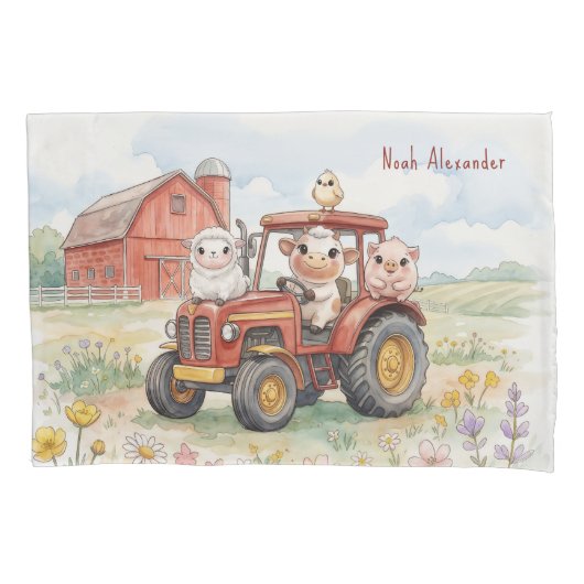 Watercolor Baby Animals Driving Red Tractor Farm 枕カバー (正面)