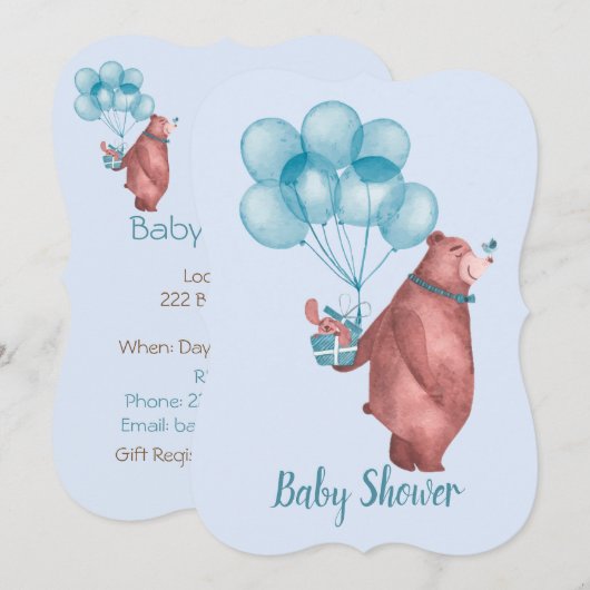 Watercolor Baby Boy Bear Balloons 招待状 (正面/裏面)