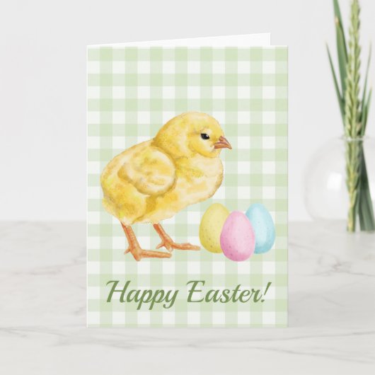 Watercolor Baby Chick And Eggs On Green Easter カード (正面)