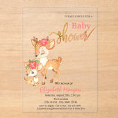 Watercolor Baby Deer Flowers Pink Baby Shower アクリル招待状 (正面)